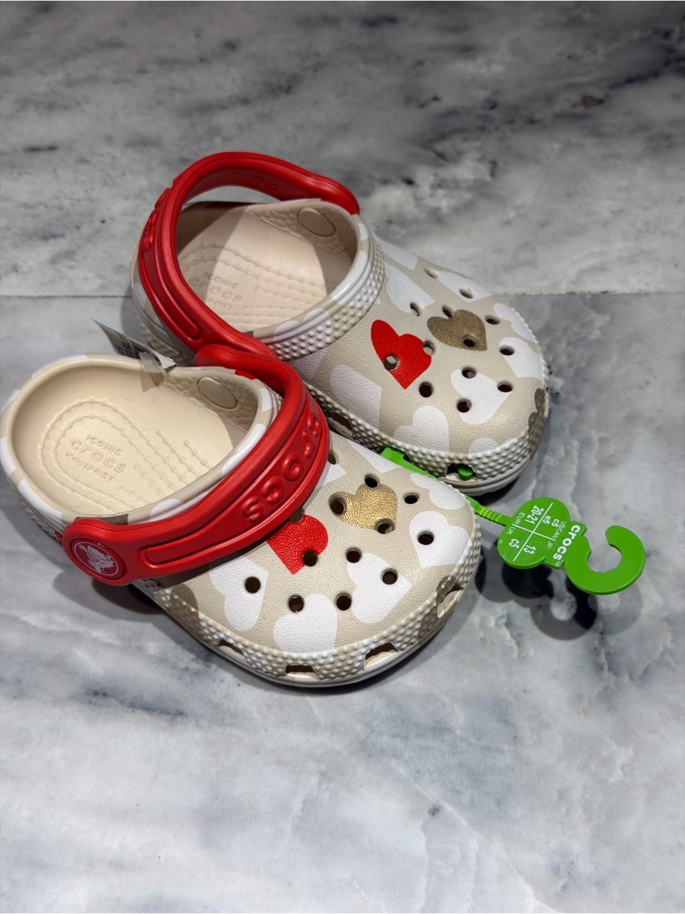 CROCS Kids Heart Clogs in Cream with Red Strap and Gold Hearts